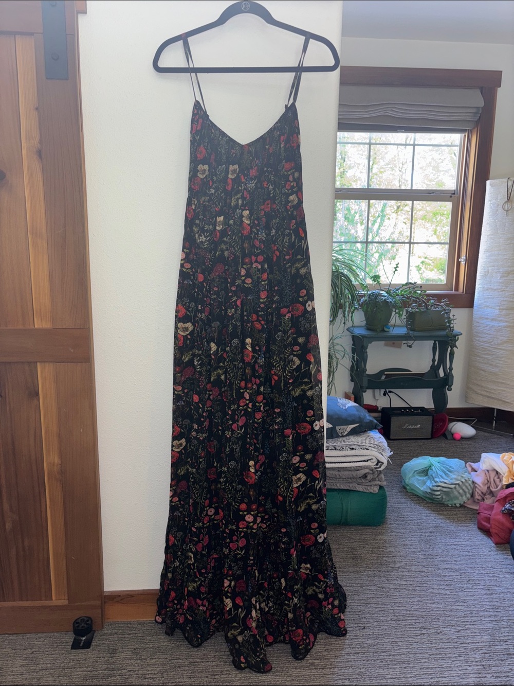 Black Floral Maxi Slip Dress with Spaghetti Straps